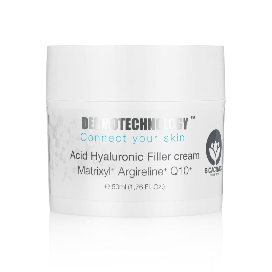 DERMOTECHNOLOGY® Acid Hyaluronic Filler Cream with Matrixyl, Argireline, and Q10, designed for skin hydration and wrinkle reduction.
