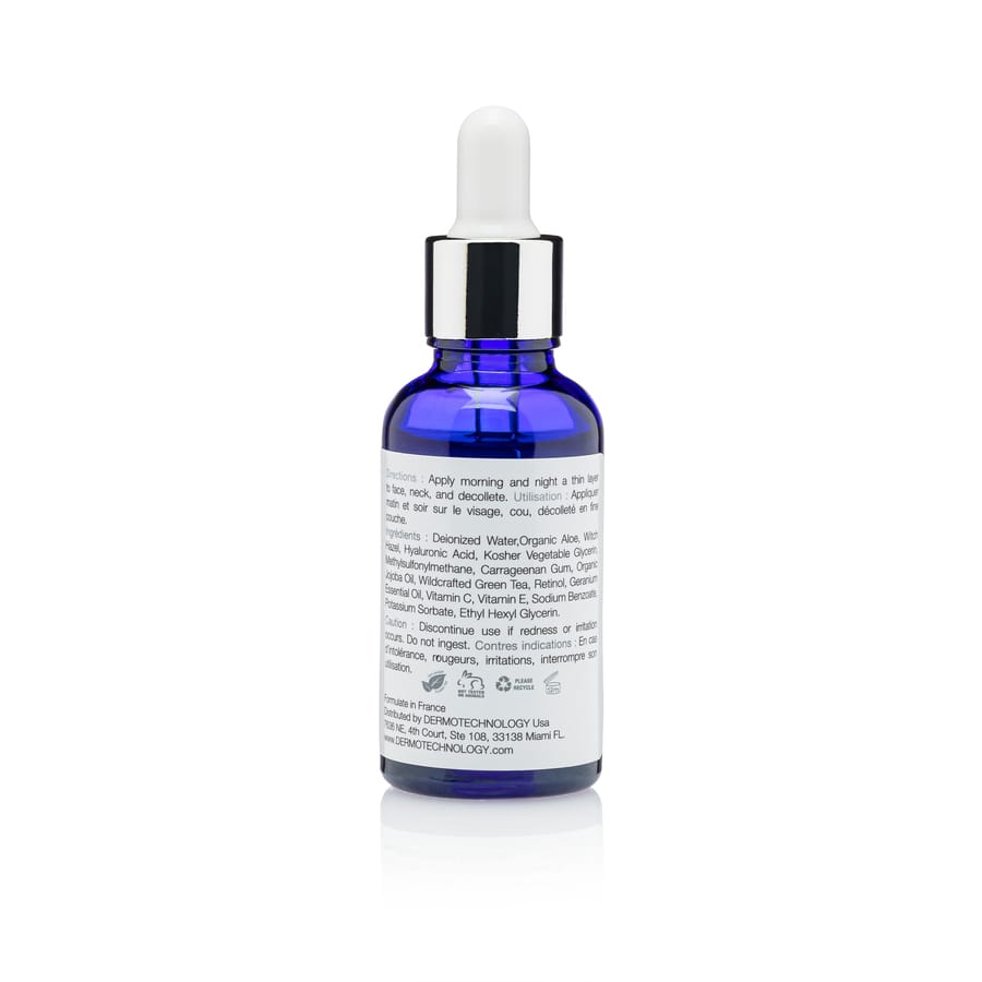 Back label of Dermotechnology Hyaluronic Acid Serum with application directions and ingredients.