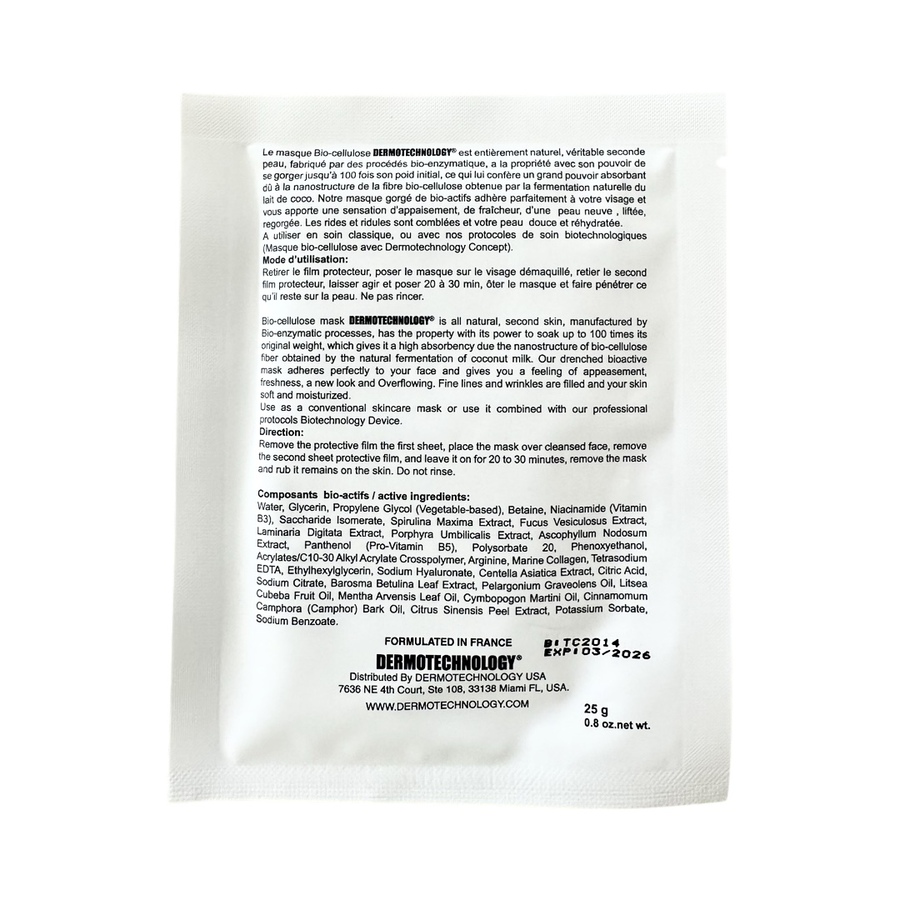 Back label of DERMOTECHNOLOGY BIO-CELLULOSE Face Mask detailing active ingredients and usage