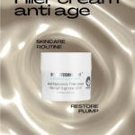 Dermotechnology Hyaluronic Acid Filler Cream container focused on anti-aging with a swirling silk background, emphasizing skin restoration and plumpness.