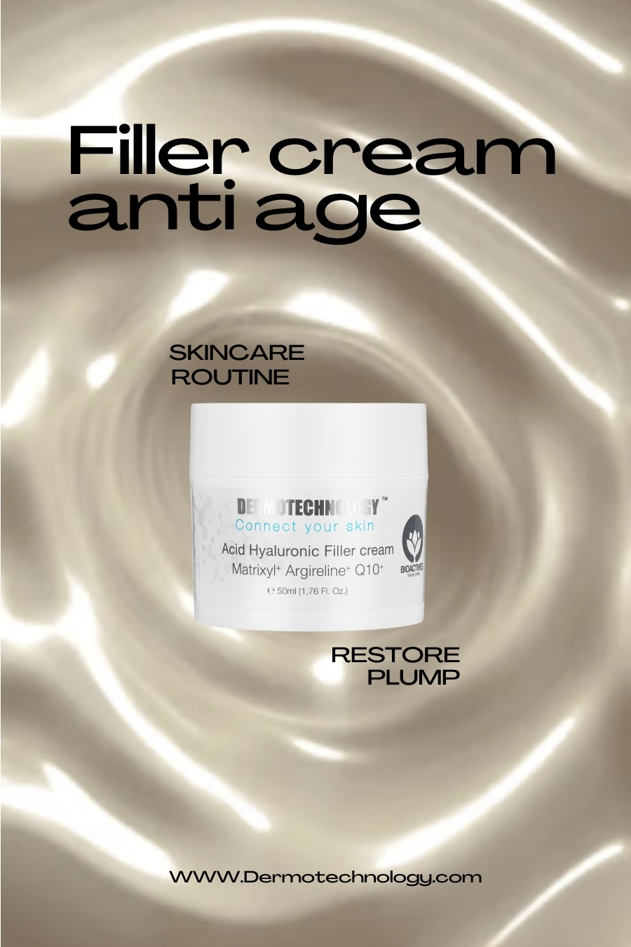 Dermotechnology Hyaluronic Acid Filler Cream container focused on anti-aging with a swirling silk background, emphasizing skin restoration and plumpness.