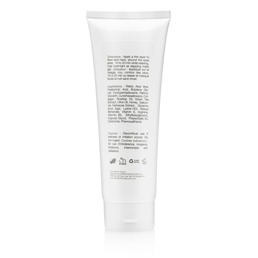 Back label of Dermotechnology Lifting Mask Gel detailing directions and ingredients.