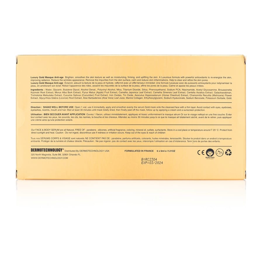 Packaging back label with details for Dermotechnology Luxury Gold Anti-Age Mask