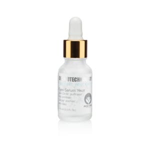 DERMOTECHNOLOGY® Eye Serum bottle with dropper, targeting dark circles, puffiness, and wrinkles for youthful eyes.