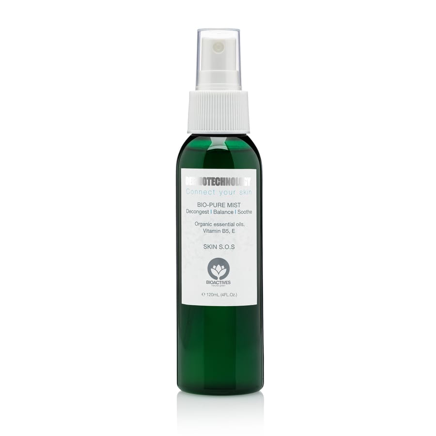 Dermotechnology Bio-Pure Mist spray bottle with organic essential oils and vitamins.