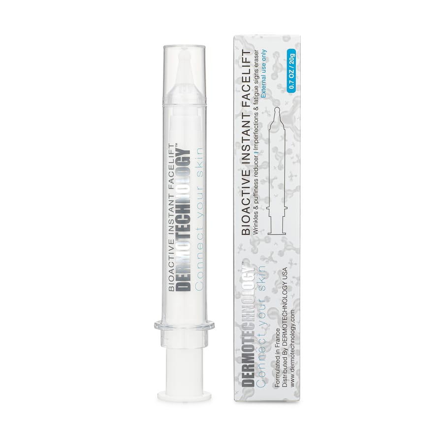 Syringe-style applicator and packaging of DERMOTECHNOLOGY® Bio-Active Instant Face Lift – a non-surgical solution for reducing wrinkles and enhancing skin firmness.