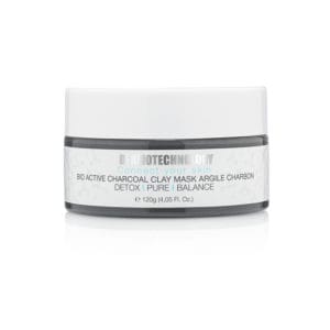 Dermotechnology Charcoal Clay Mask container, emphasizing detox and balance