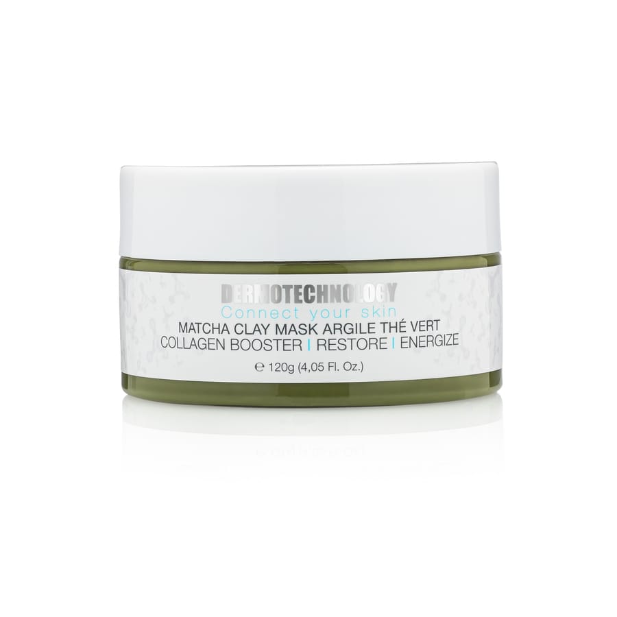 Dermotechnology Matcha Clay Mask container, highlighting collagen-boosting properties