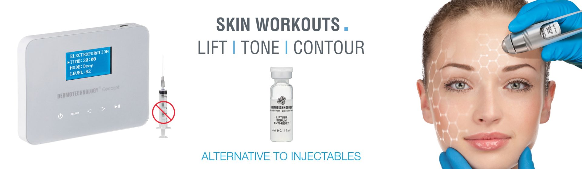 Advertisement for a non-invasive skin treatment device and serum, highlighting an alternative to injectable treatments with a focus on lifting, toning, and contouring skin.